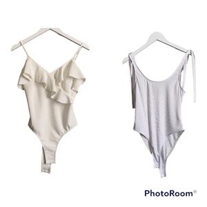 Shein | Cream Ruffle Body Suit + White Ribbed Adjustable Strap Body Suit | Small